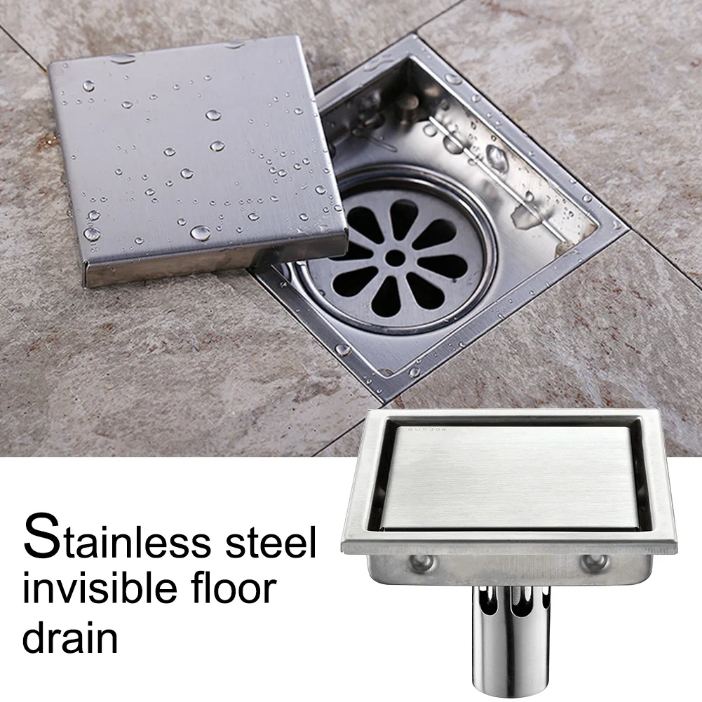 

Antique Floor Drain Cover Square Shape Waste Anti-odor Tile Stainless Steel Hair Grates Insert Durable Shower Bathroom Invisible