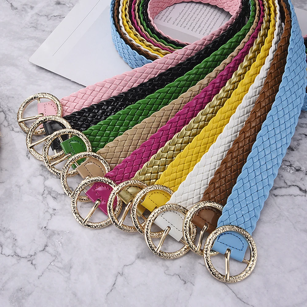 

Women Free size Braided PU Leather Belts For women NO hole Round Buckle Jeans Waist Belt Luxury Brand Non-Porous Waistband