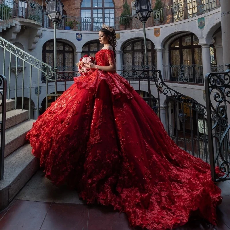 Красное платье для Quinceanera украшенное бисером с открытыми плечами аппликацией 3D