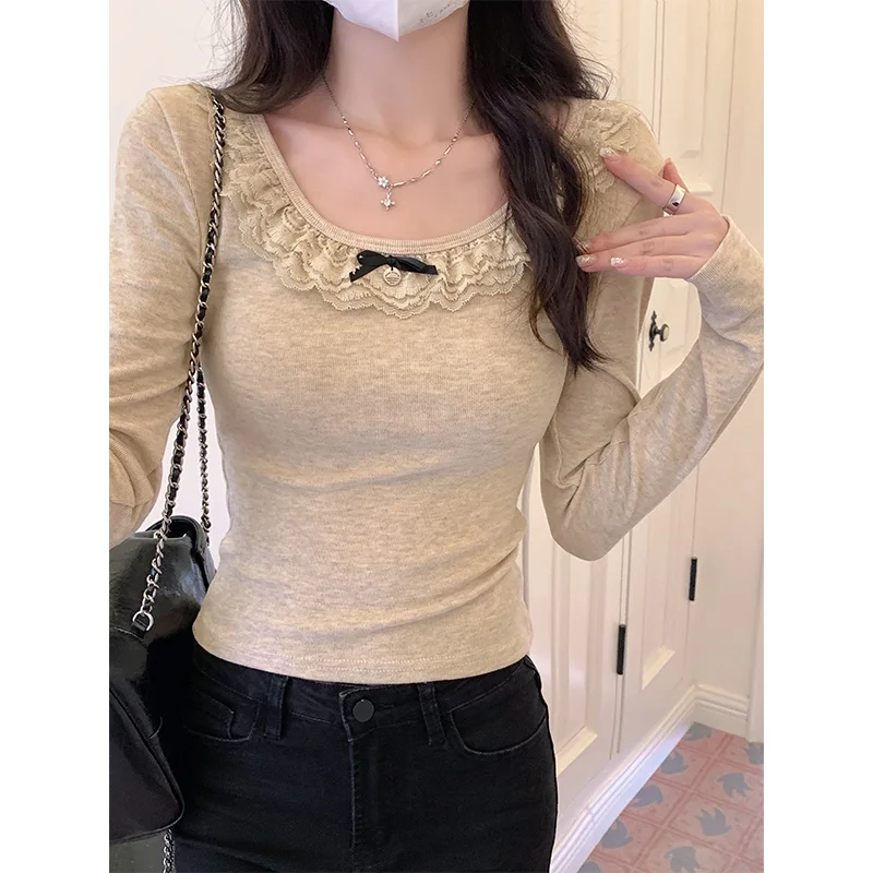 Женская Кружевная футболка с длинным рукавом круглым вырезом и бантом