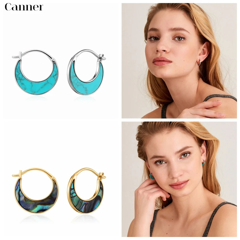 

CANNER 2pcs Vintage Bohemian Turquoise Abalone Fillet Crescent Hoop Earring for Women Fashion Hoops Jewelry 2022 New Year's Gift