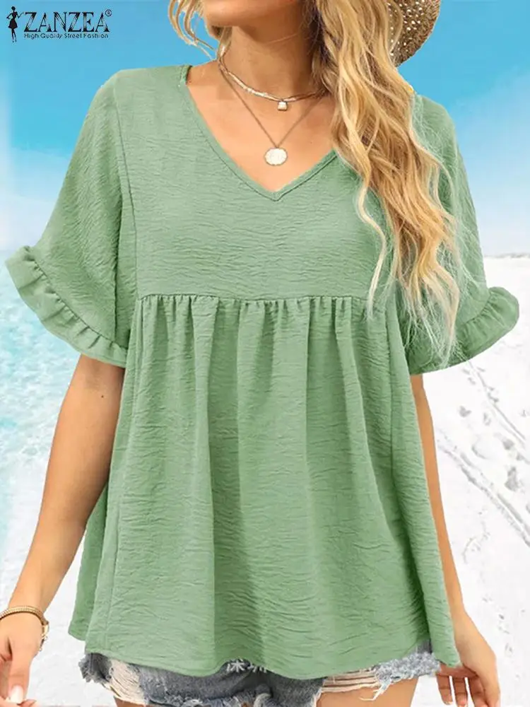 

Блузка ZANZEA женская с коротким рукавом и V-образным вырезом, тонкий однотонный топ с оборками, модная повседневная Свободная рубашка для отды...