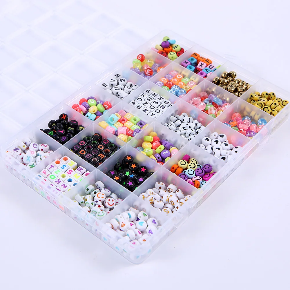 24 Grid Bead Set Box Acrylic Mixed Color Alphabet Letter Cube Spacer Loose Bead For Bracelet Necklace Jewelry Making Accessories