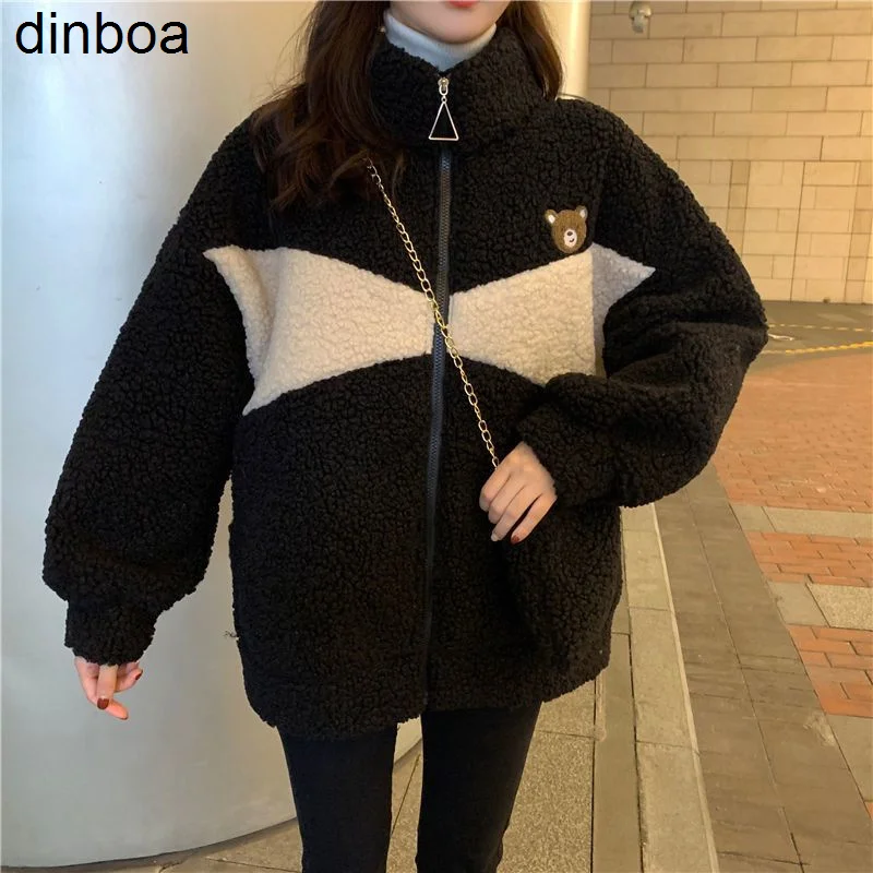 

Dinboa-harajuku Женский Топ куртка с принтом медведя Черная куртка Bf готика овечья шерсть женское флисовое теплое пальто Корейская мода