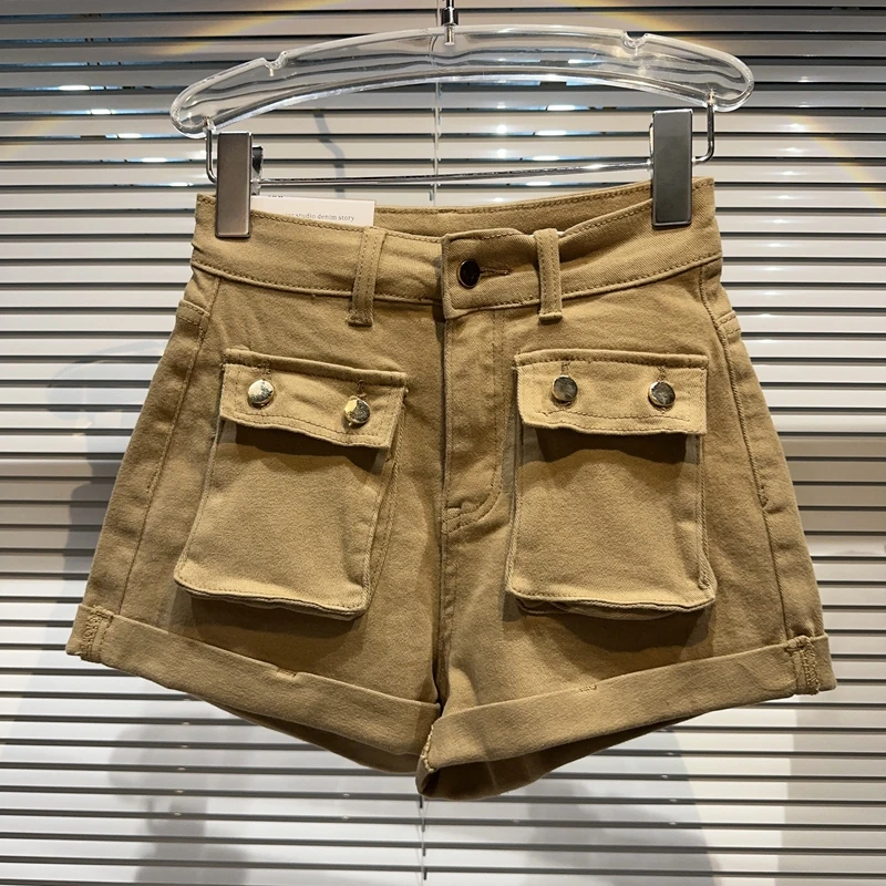 2023 Summer New Large Pocket Flanging Trousers American Style Loose Workwear Denim Shorts