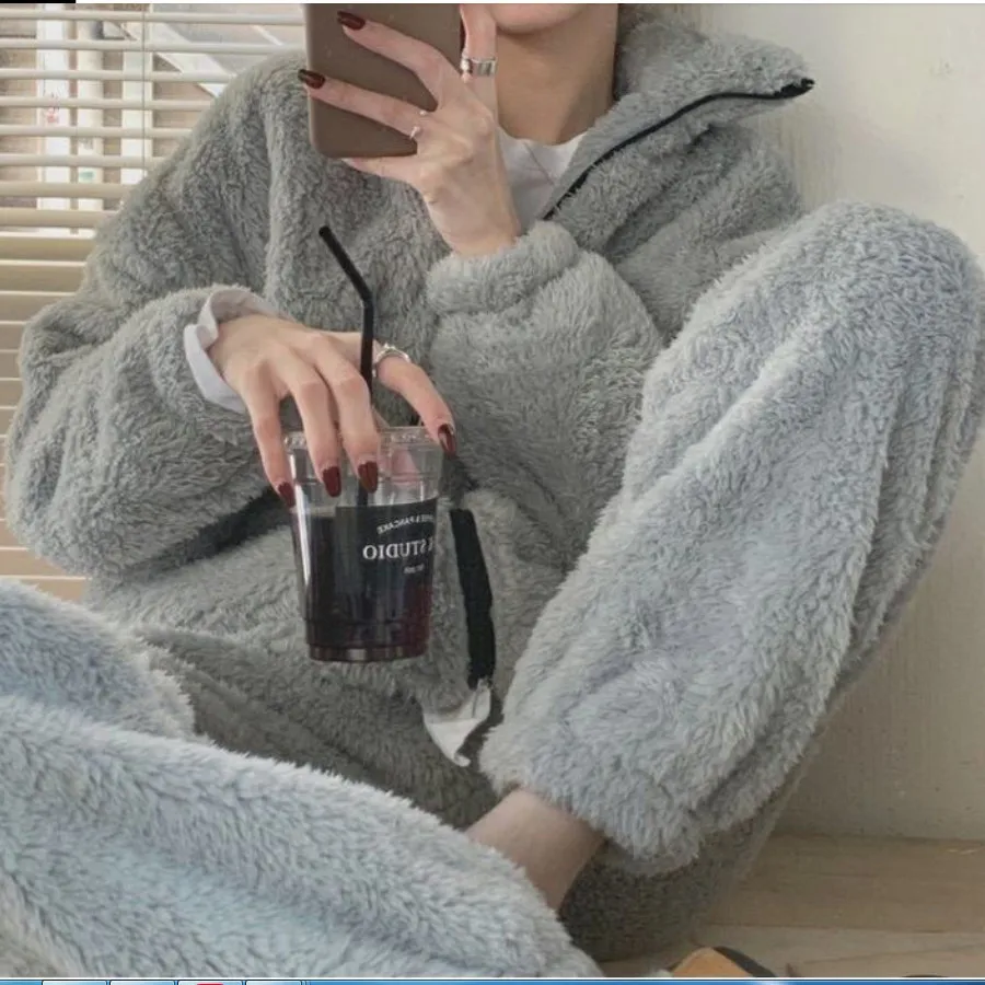 

Chic Thick Warm Coral Fleece Pajama Sets Women Thermal Zipper Soft Furry Sleepwear Simple Harajuku Couples Fall Winter Nightwear