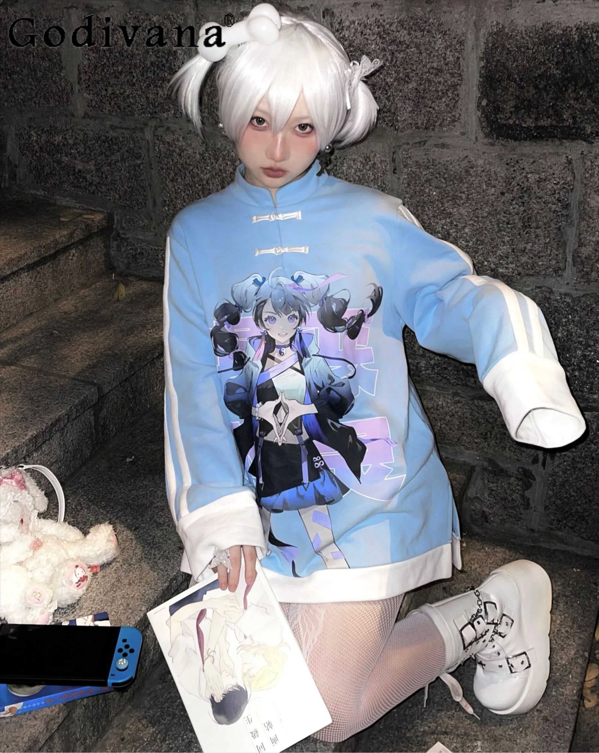 Толстовка Женская бархатная с принтом и пряжкой в стиле японского аниме