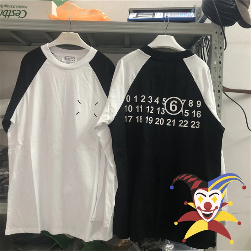 

Black White Raglan Sleeve MM6 Margiela T Shirt Men Women Four Point Embroidery Long Sleeved T-shirt Tops Tee