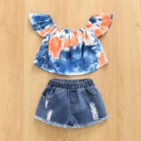 girls suit 2022 summer style jeans tie dye top bao one shoulder sweater shorts two piece set