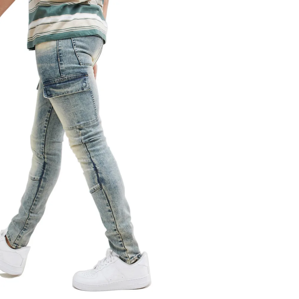Retro Multi-Pocket Cargo Slim Fit Cotton Elastic Joggers Fashion High Street Wear Washed Old Men'S Pencil Jeans Size 29-38