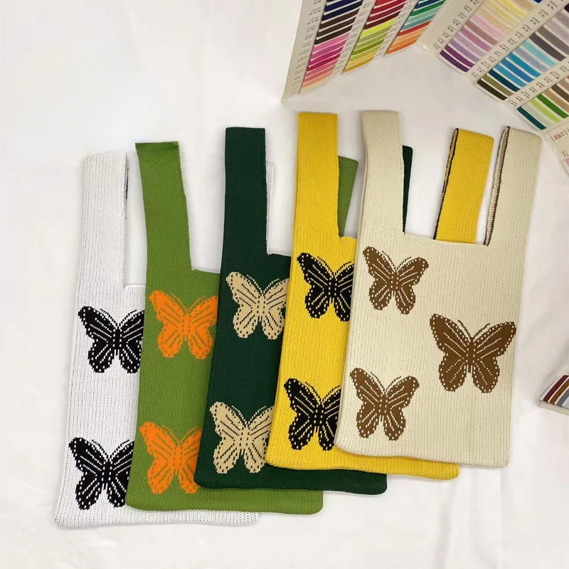 Cute Aesthetic Fairy Butterfly Casual Knitted Knot Tote Bag Fashion Versatile Fanny Crochet Canvas Wristlets Shopping Bags