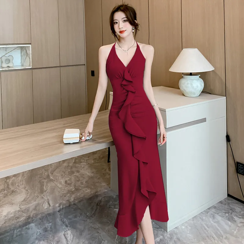 

2023 Spring Summer New Women's Strap Dress French Sexy Fashionable and Elegant Luxury Ruffled V-neck Free Shipping