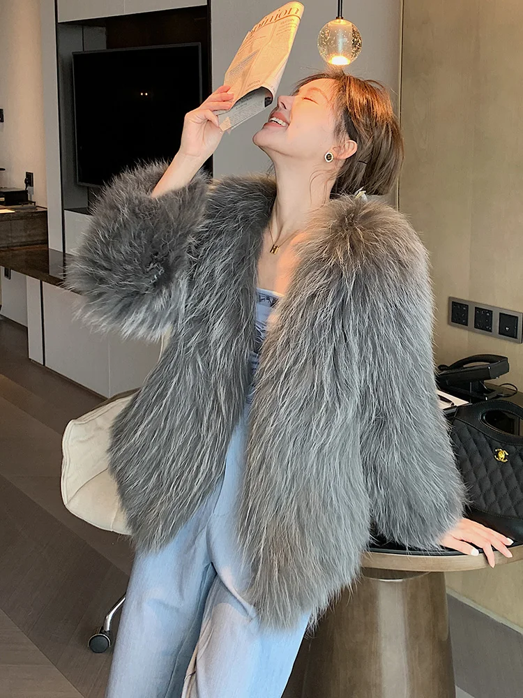 2023 Winter Natural Raccoon Style Real Raccoon Fur Woven Fur Coat Female Paragraph Fox Fur Long Sleeve Round Neck Winter New