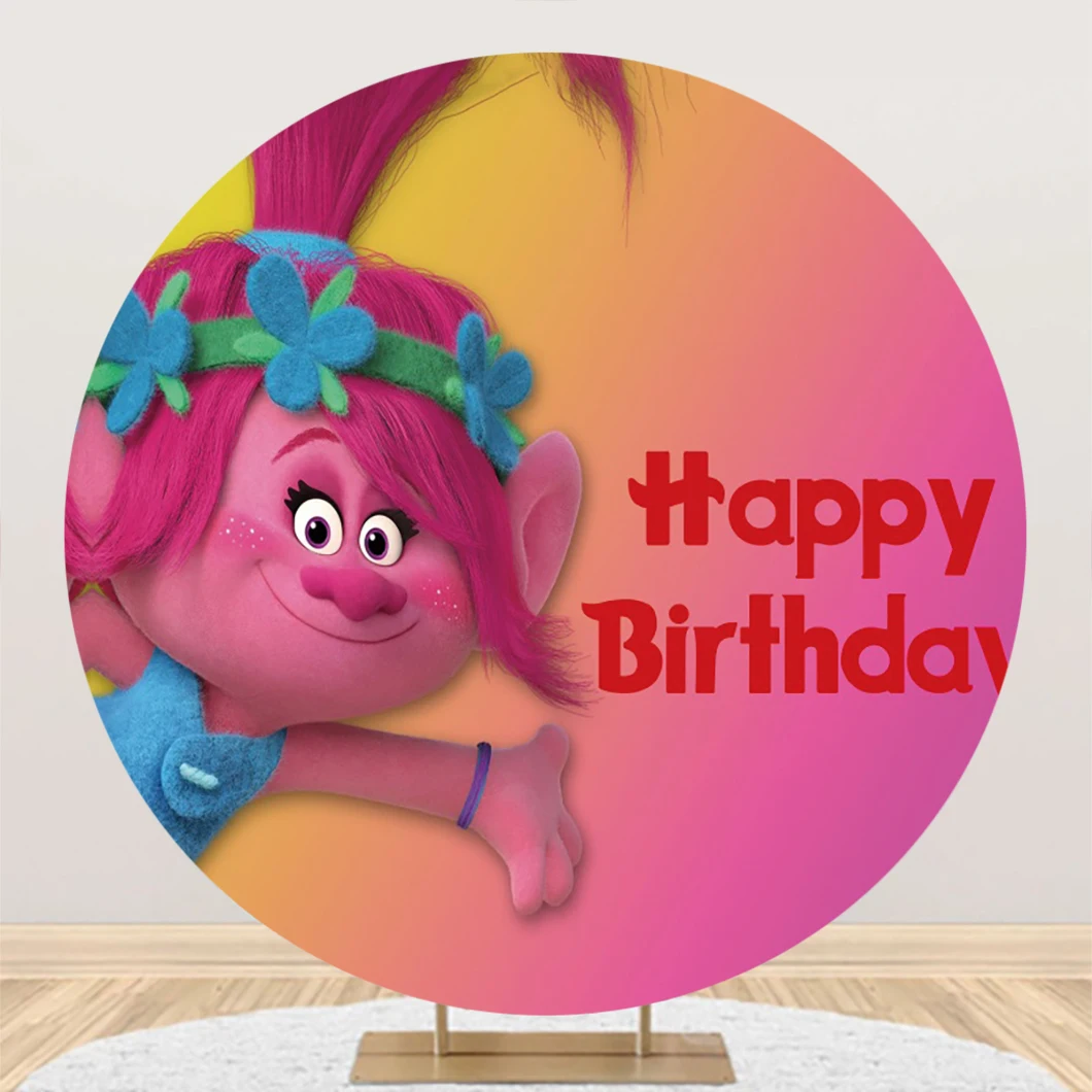 

Cartoon Movie Trolls Round Backdrop Cloth Custom Happy Birthday Party For Girl Room Decoration Baby Shower Circle Background
