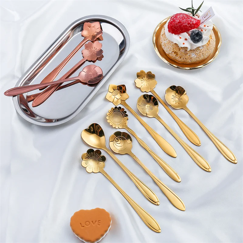 

Small Set Dessert Spoons Set Spoons Ice Spoons Cream Stainless Set Steel Teaspoons Coffee Lovely Flower Dinnerware Spoon