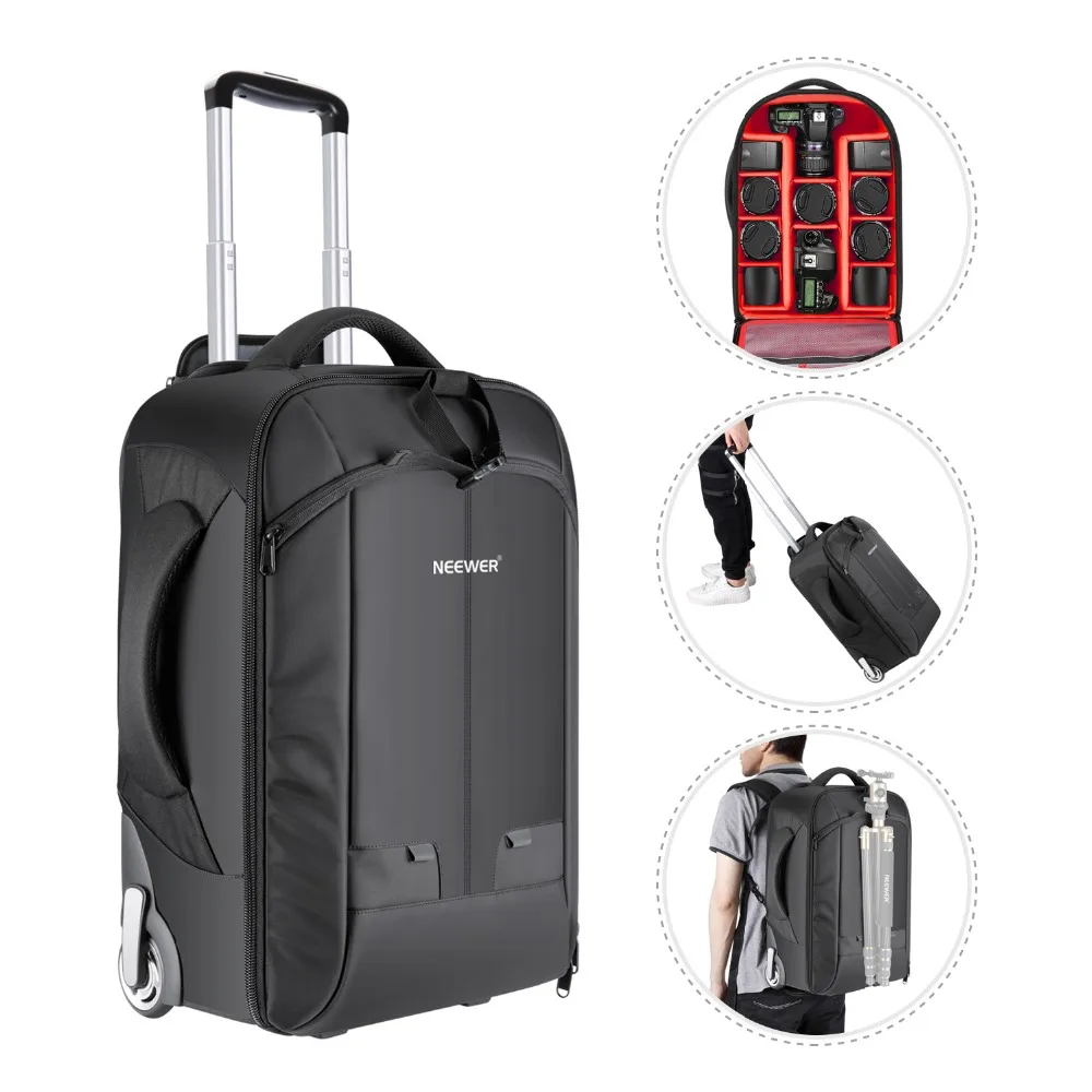 NEEWER Convertible Wheeled Camera Backpack Luggage Trolley Case (Black-Red/Black-Green)