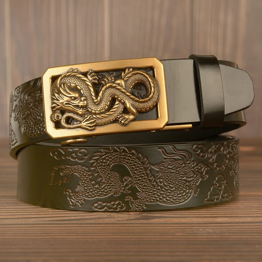 Vintage Men's Belt Genuine Leather High Quality Cowhide Handmade Men's Belt Chinese Dragon Pressed Belt Men's Designer Belt