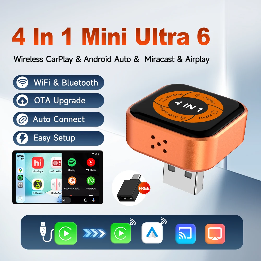 Фото Беспроводной адаптер CarlinKit Mini Ultra 6 4-в-1 для дублирования экрана, беспроводной CarPlay и Android Auto, автоматическое подключение, отображение видео с телефона №1