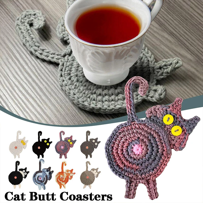

Knit Cup Coaster Cute Animal Coffee Mug Mat Table Placemat Heat Insulation Cat Butt Dining Mat Home Kitchen Decoration Pot Pad