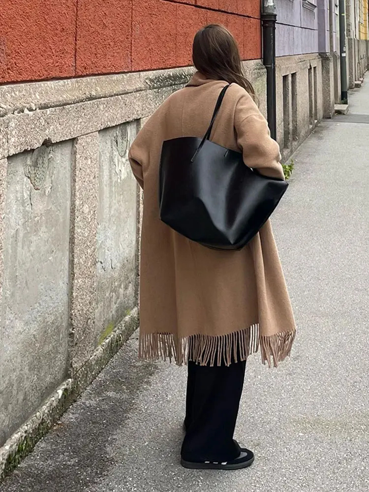

Women Elegant Contrast Line Tassels Wool Coat Fashion Lapel Long Sleeve Pocket Fringe Jacket 2023 Autumn Lady Club Chic Overcoat