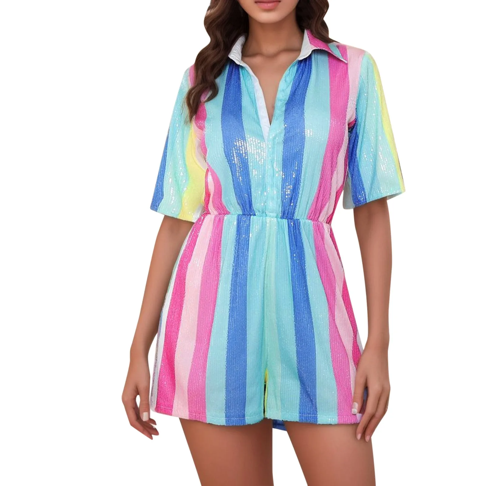 

Women's Sexy Fashion Casual Loose Lapel Button Stripes Sequin Short Sleeved Shorts Sequin Drawstring Jumpsuit
