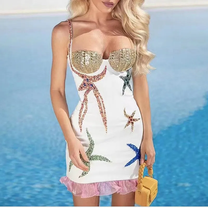 

Summer Sexy Sleeveless Backless Dress Women White Sequins Glitter Beading Mini Bodycon 2022 Designer Evening Party Dress Vestido