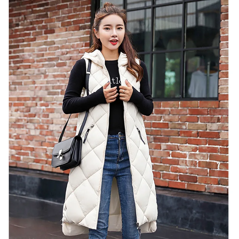 Women's Sleeveless Vest Long Down Jacket Solid Korea Hooded Padded Vests Loose Females 2022 Ladies Fashion Casual Winter Coat