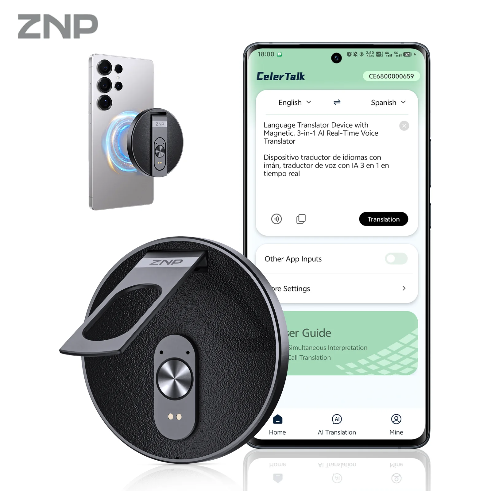 Фото Магнитный ультратонкий AI-голосовой переводчик ZNP с Bluetooth, портативная складная подставка для телефона, 50 часов воспроизведения, поддержка офлайн-режима №2