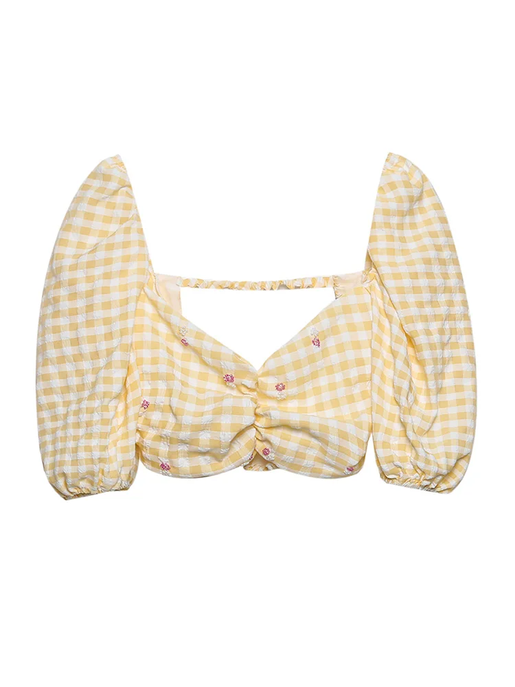 

Blouses Or Tops For Woman Sweetheart Neck Floral Shaped Beading Puff Sleeve Top Gingham Cotton Casual Blouse Backless Crop Top