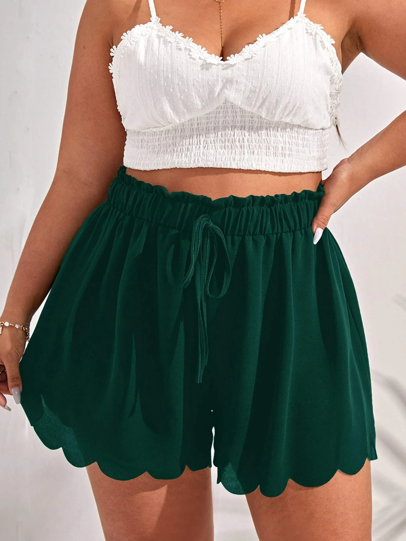 

Plus Scallop Trim Tie Front Shorts