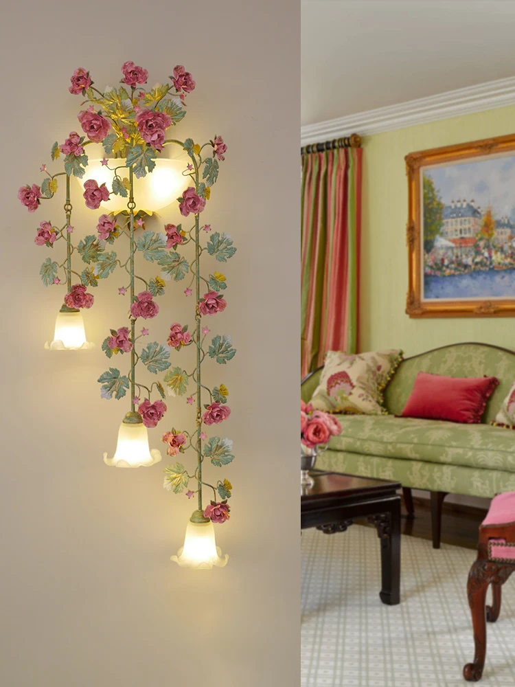

Pastoral Wall Lamp Living Room Wrought Iron Long Wall Lamp Decorative Lamp Duplex Villa Entrance Lamp Wall Light Bulb