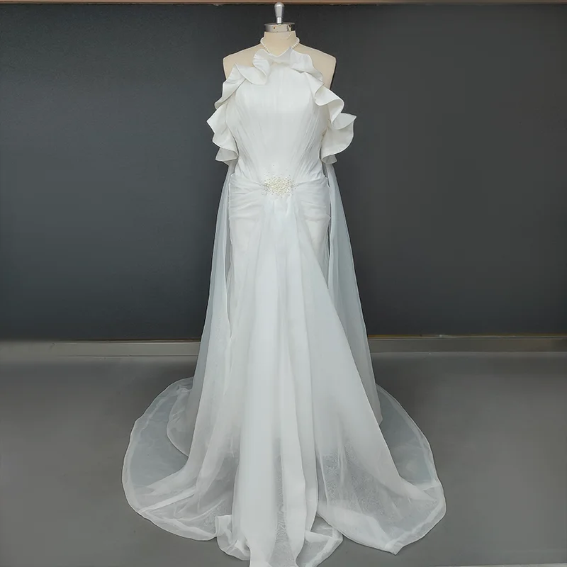 8994 # Изысканное свадебное платье русалки с оборками и жемчугом современное