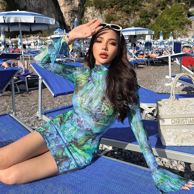 

Y2k Dress Women's Autumn New Skirt Long Sleeve Fashion Personalized Tie Dyeing Abstract Print Slim Dress