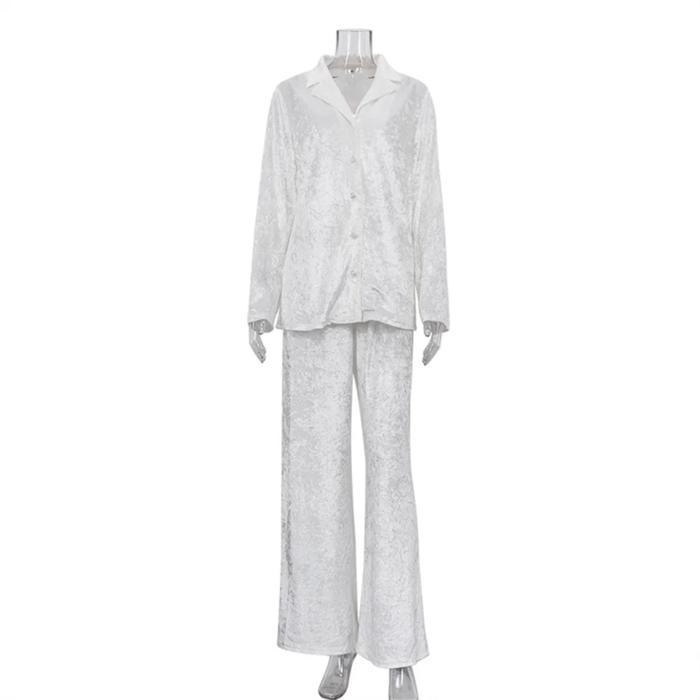 White Women 2 Piece Pants Set 2023 New in Elegant Sleepwear Home Loose Matching Sets Long Sleeve Blosue +  Wide Trousers Suit