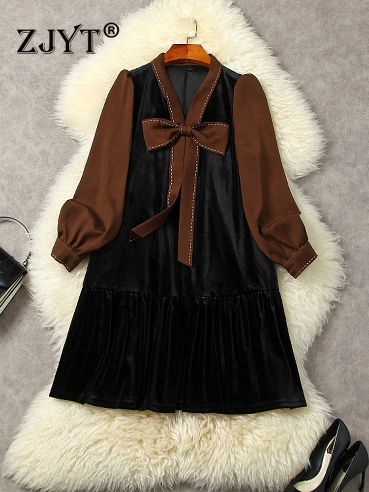

ZJYT Designer Patchwork Bow Collar Loose Velvet Dress Casual Woman Autumn Clothes 2022 Vintage Long Sleeve Above Knee Vestidos