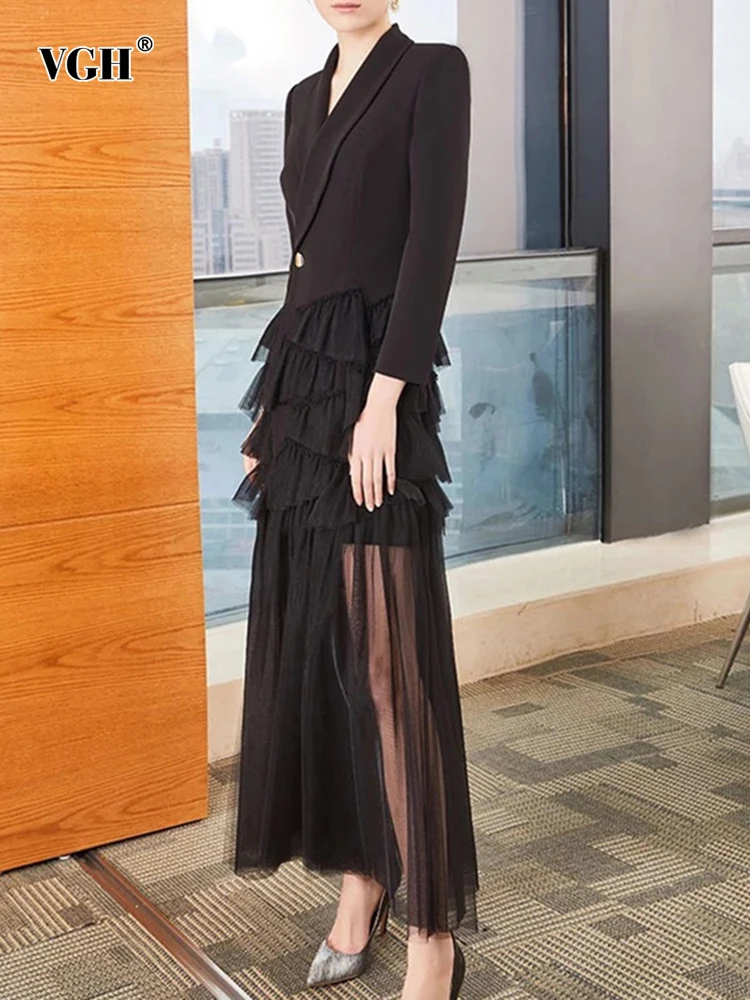 

VGH High Street Patchwork Mesh Dress For Women V Neck Long Sleeve High Waist Loose Solid Midi Dresses Female Clothing 2022 Style