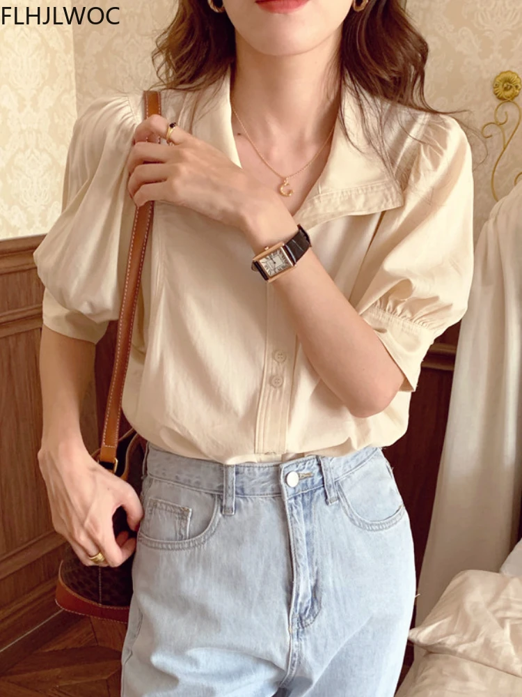 

2022 New Basic Shirt Single Breasted Button Blouse Cute Preppy Style Japan Korea Chic Vintage White Women Cotton Linen Tops 4030