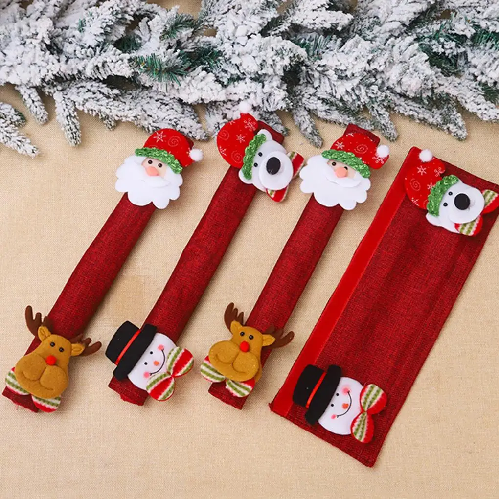 

4pcs Christmas Microwave Oven Refrigerator Door Handle Protective Cover Anti-Electric Christmas Kitchen Decoration Accessories