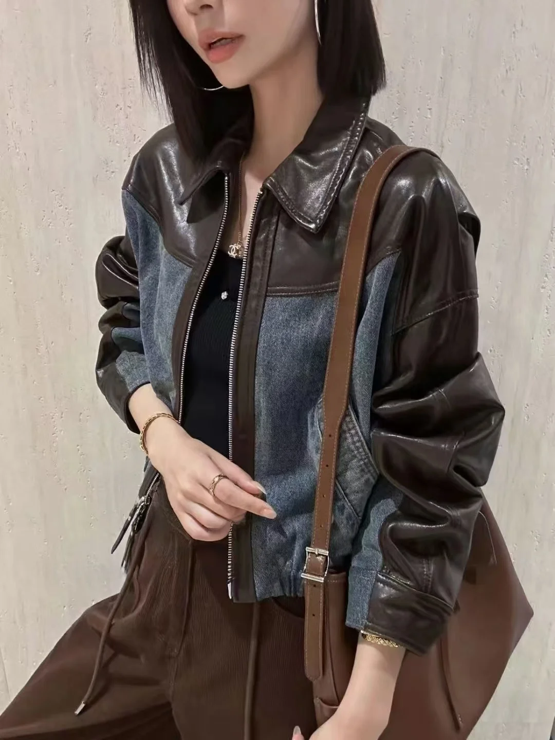 Американское винтажное джинсовое пальто из искусственной кожи с вышивкой