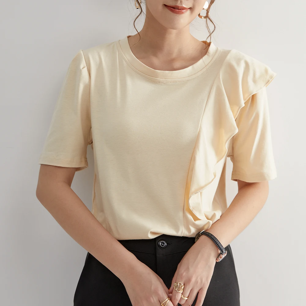 

Ruffles Fashion Casual Straight T-Shirt Women Summer Falbala Plain Elegant Sweet Tees Preppy Korean Janpanese Style Streetwear