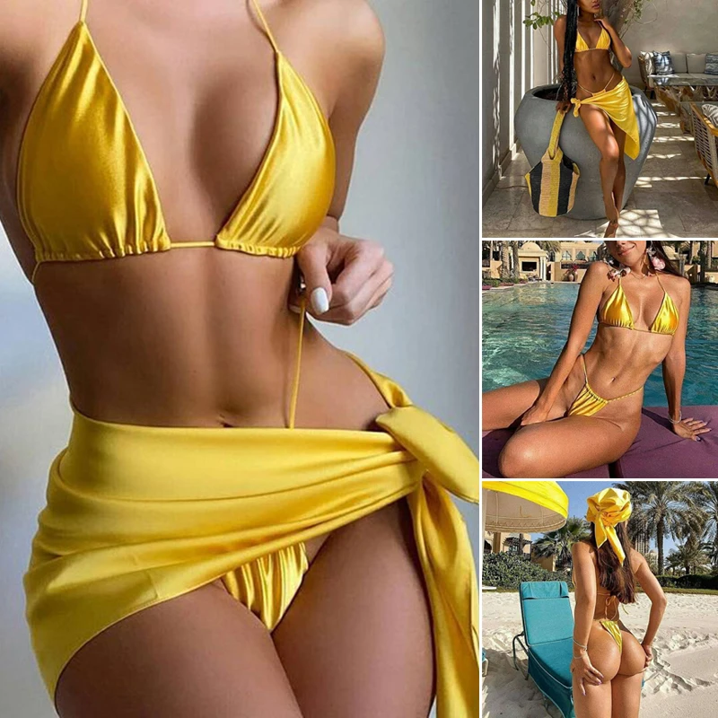 

Three Piece Women's Swimsuit Sexy Satin Tie Bikini Thin Summer Bathing Suit N66