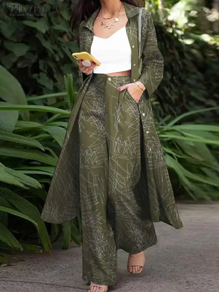 

ZANZEA Elegant Vintage Spring Suit Bohemian Full Sleeve Floral Printing Lapel Blouse Zipper Wide Leg Pant Work Loose Set 2022