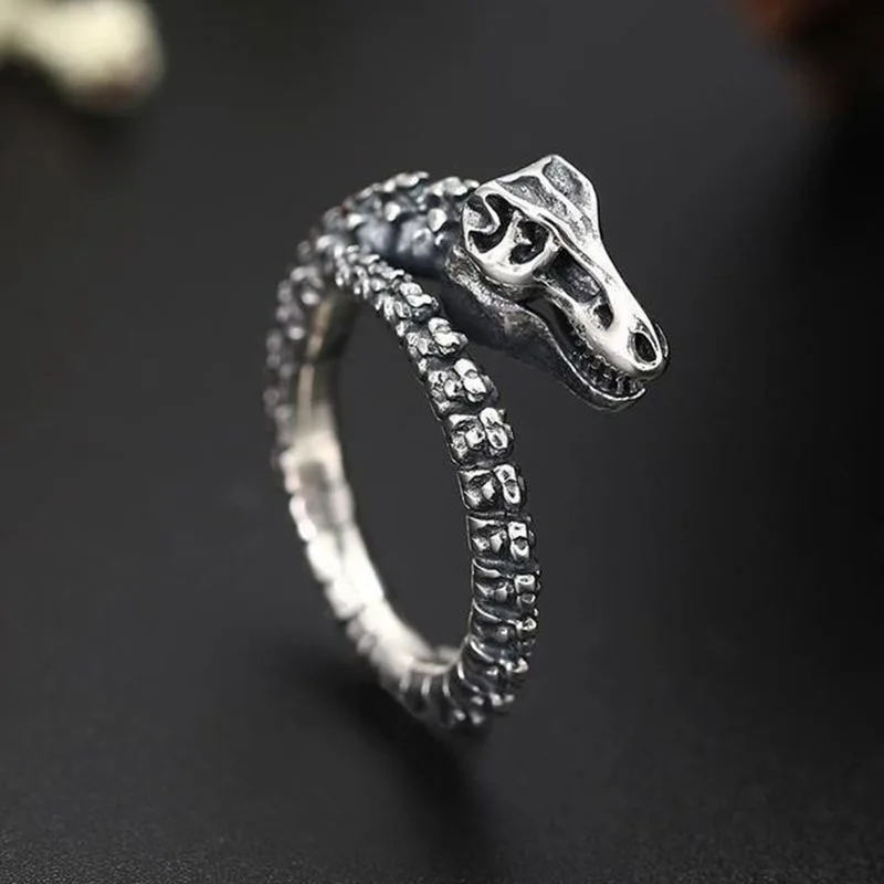 

Real Silver Retro Dinosaur Skull Ring For Man Woman S925 Sterling Silver Creative Punk Personality Resizable Open Ring Jewelry