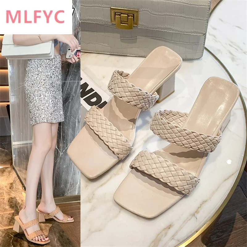 

Плетеные сандалии и шлепанцы, женская мода, Новинка лета 2022, на среднем каблуке, на толстом каблуке, с открытым носком, однотонные шлепанцы, ж...