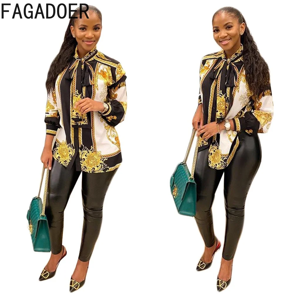 

Модная рубашка FAGADOER в стиле ретро с дворцовым принтом, женская рубашка на пуговицах с бантом на воротнике, Повседневная Весенняя новая уличная одежда 2022, элегантная одежда