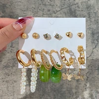 vintage gold color metal geometry earring set pearl dangle earrings trend for women hoop earrings round party jewelry