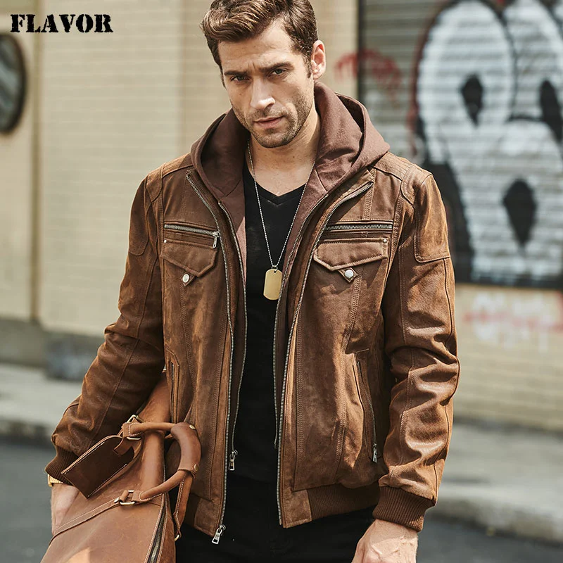 

FLAVOR New Men's Real Leather Jacket with Removable Hood Brown Jacket Genuine Leather Warm Coat For Men