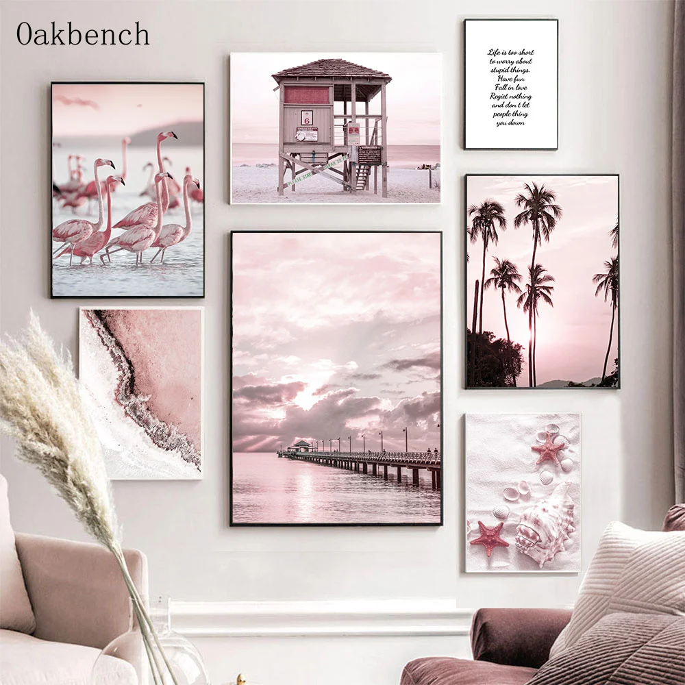 Настенная картина с розовым морским пейзажем рисунок на холсте изображением