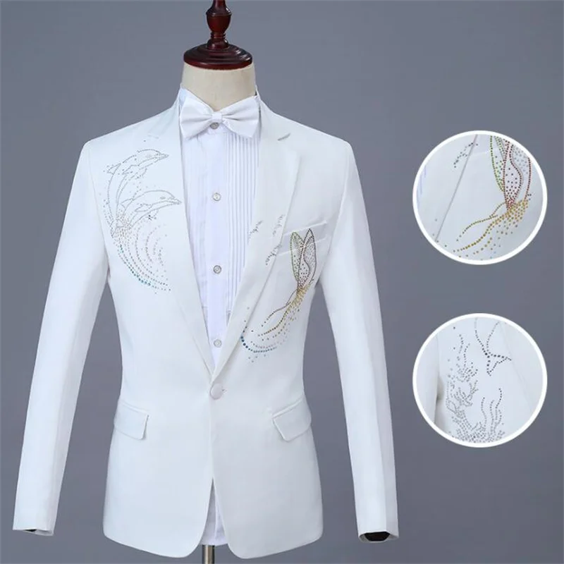 Sequin dolphins blazer men groom suit set pants mens wedding suits costume singer stage clothing terno slim formal dress white