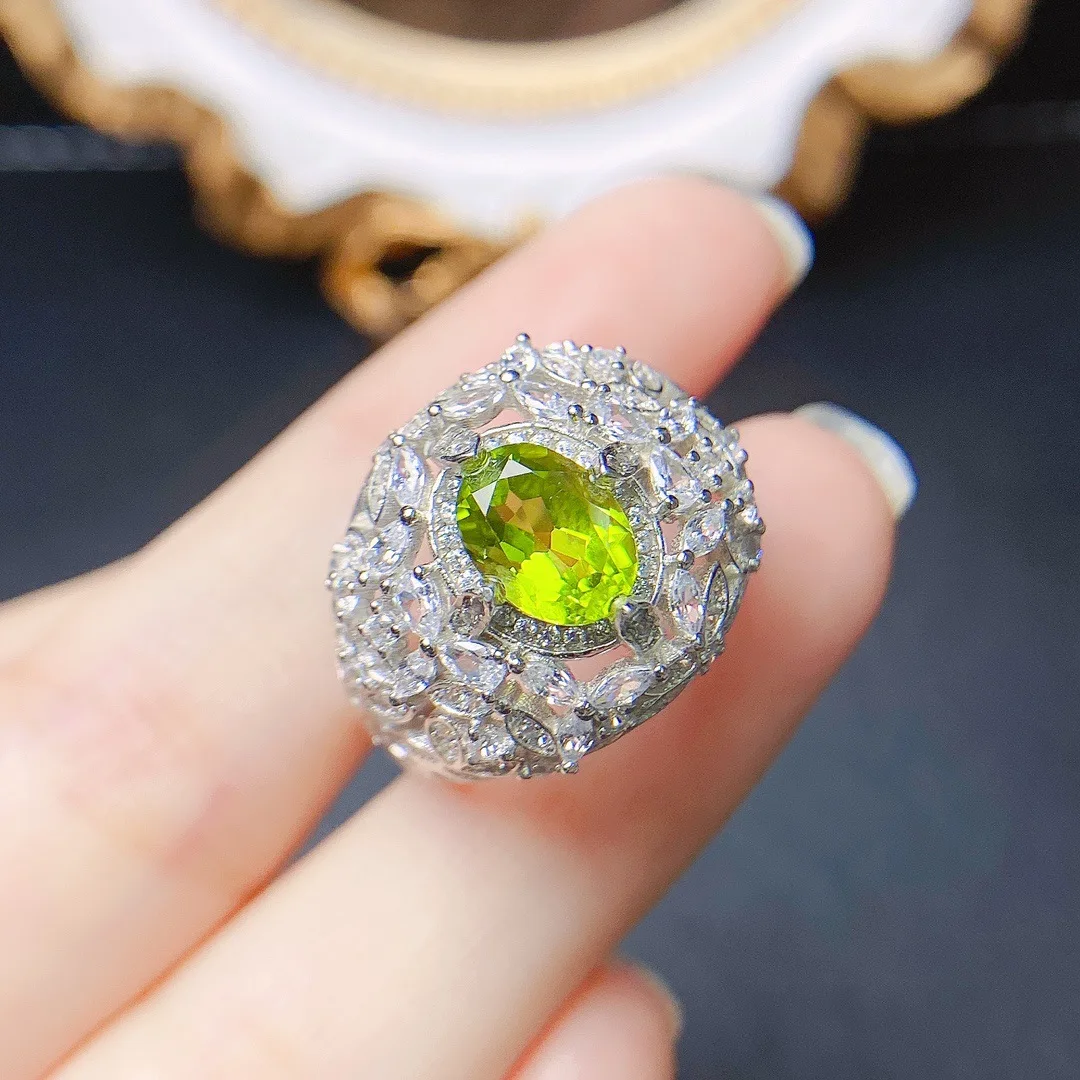 

FS S925 Sterling Silver Inlay 6*8 Natural Olivine Ring With Certificate Fine Fashion Charm Weddings Jewelry for Women MeiBaPJ